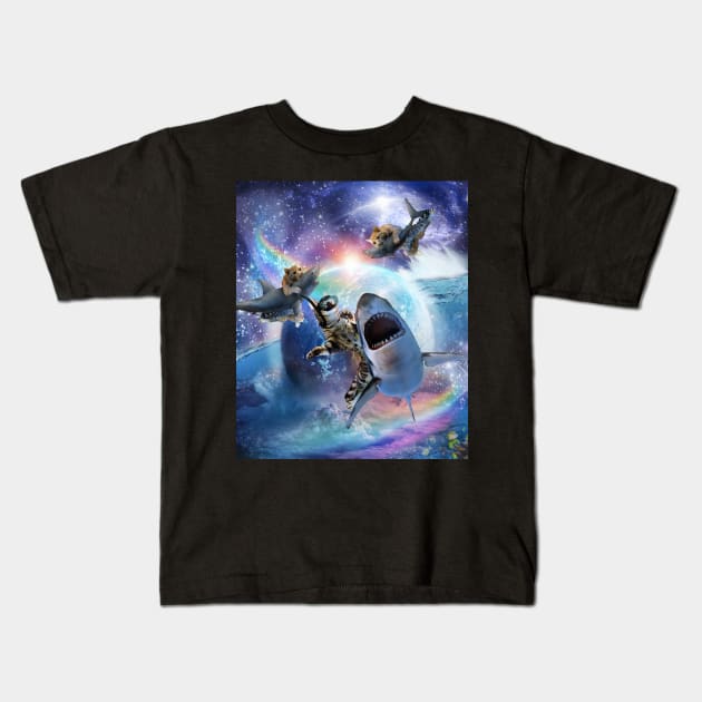 Rainbow Galaxy Cat Riding Shark In Space Kids T-Shirt by Random Galaxy